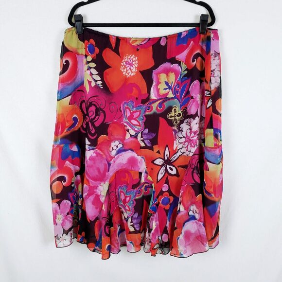 Chicos 100% Silk Midi Skirt Womens XL Wearable Art Flowy Maximalist Boho Resort - Picture 4 of 9